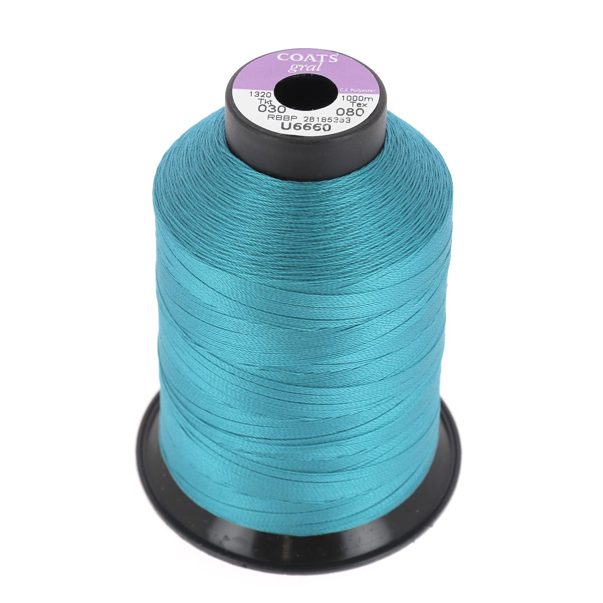 Bobine de fil polyester Coats GRAL N°30 bleu turquoise, 1000m, mercerie, vue de la bobine avec étiquette.