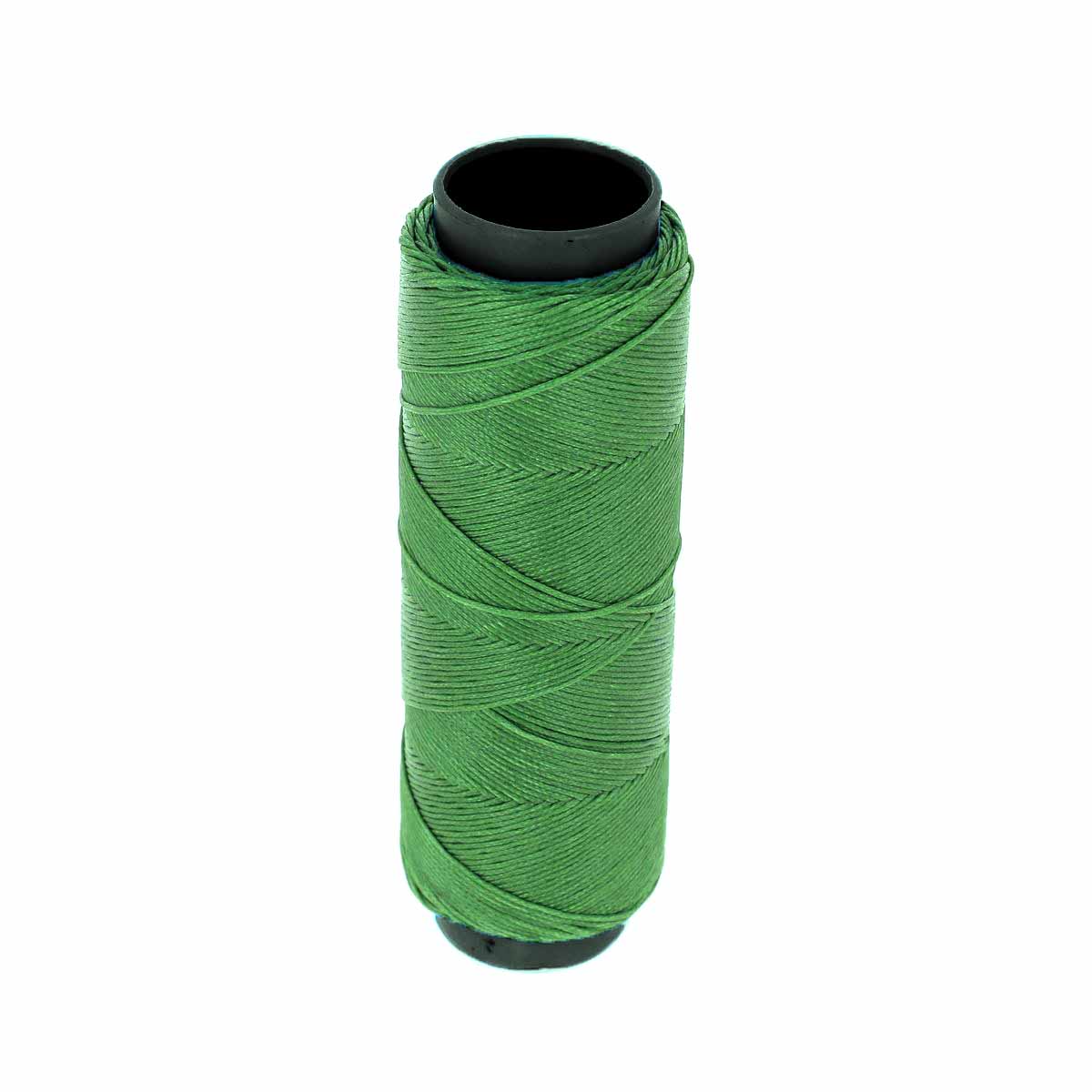 Bobine de 100m de fil polyester tressé et ciré vert, diamètre 0,6mm, pour travaux de mercerie.