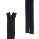Fermeture à glissière en nylon noire de 6mm, coupée sans butée inférieure, pour vêtements ou projets de couture.