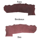 Flanc de cuir d'alligator couleur rouge bordeaux, côté face et côté dos 