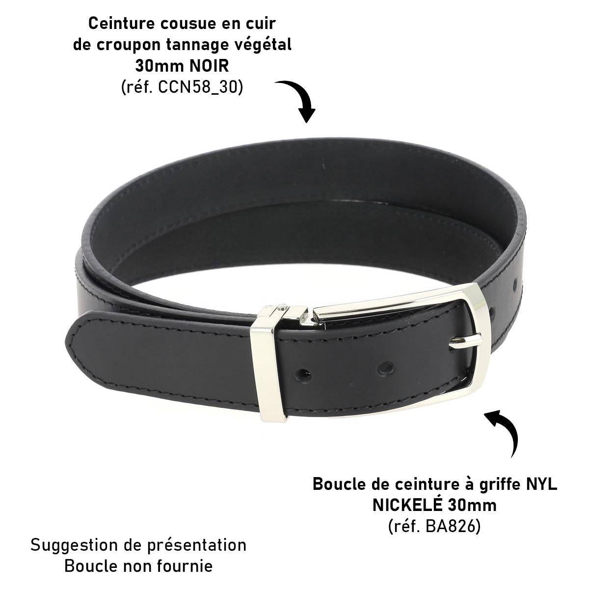Lanières en cuir noir de ceinture cousue en cuir de croupon, tannage végétal, fabriquée par Deco Cuir.