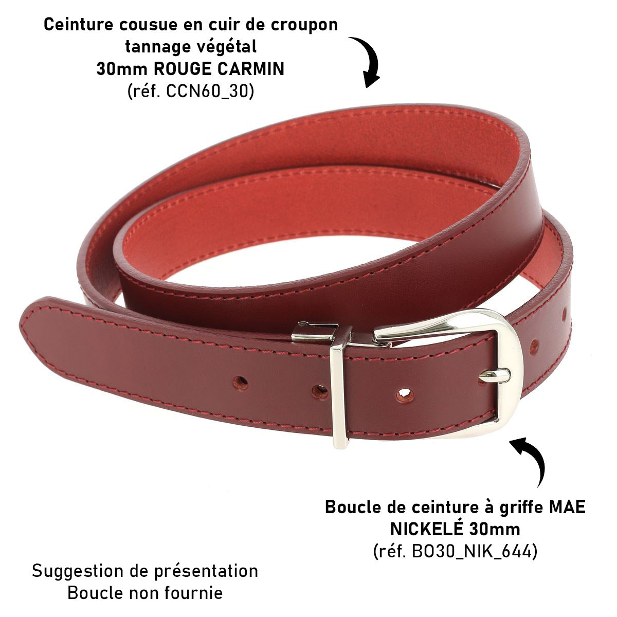 Lanières en cuir de croupon tannage végétal rouge carmin, ceinture cousue par Deco Cuir, finition artisanale élégante.