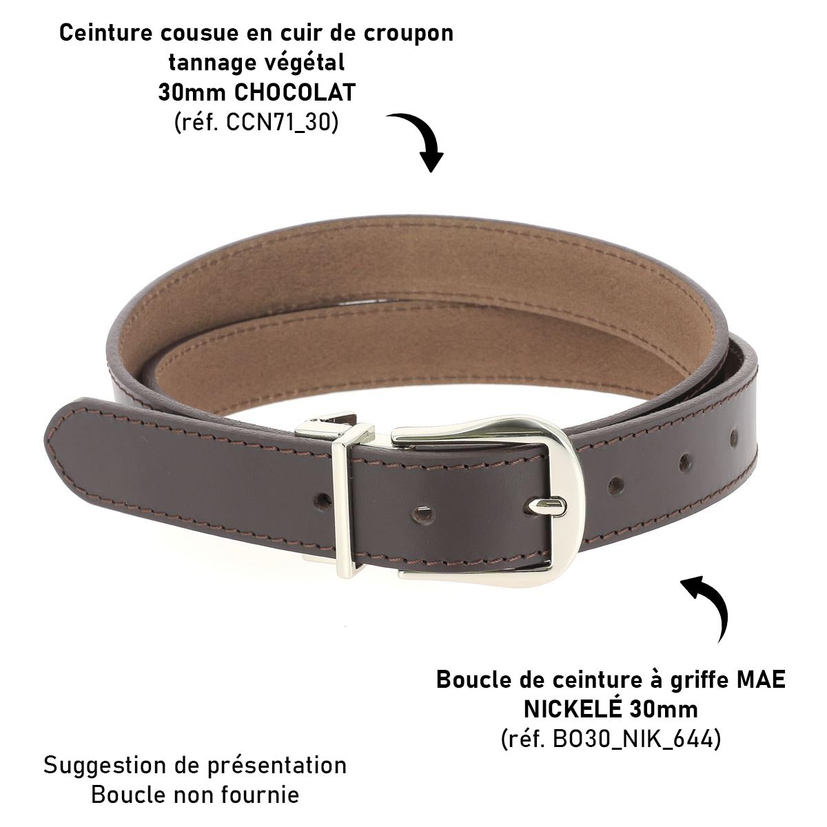 Lanières en cuir cousu de la ceinture Deco Cuir en cuir de croupon tannage végétal, couleur chocolat.