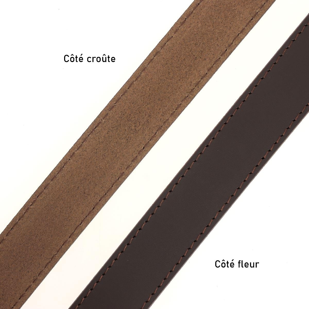 Lanières en cuir de croupon tannage végétal, ceinture cousue Deco Cuir couleur chocolat, détails de finition en cuir naturel.