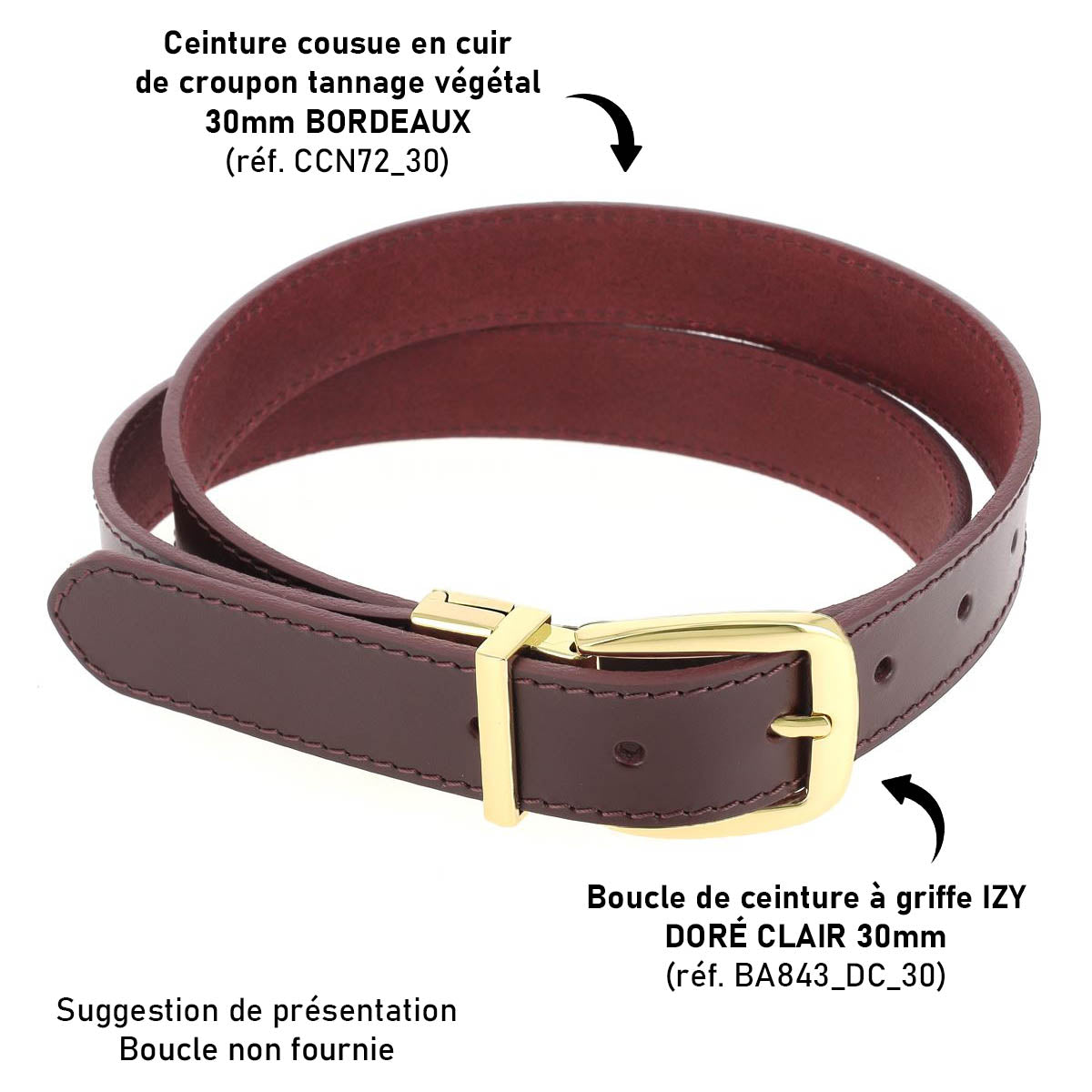 Lanières en cuir de croupon tannage végétal de couleur Bordeaux, ceinture cousue par Deco Cuir.
