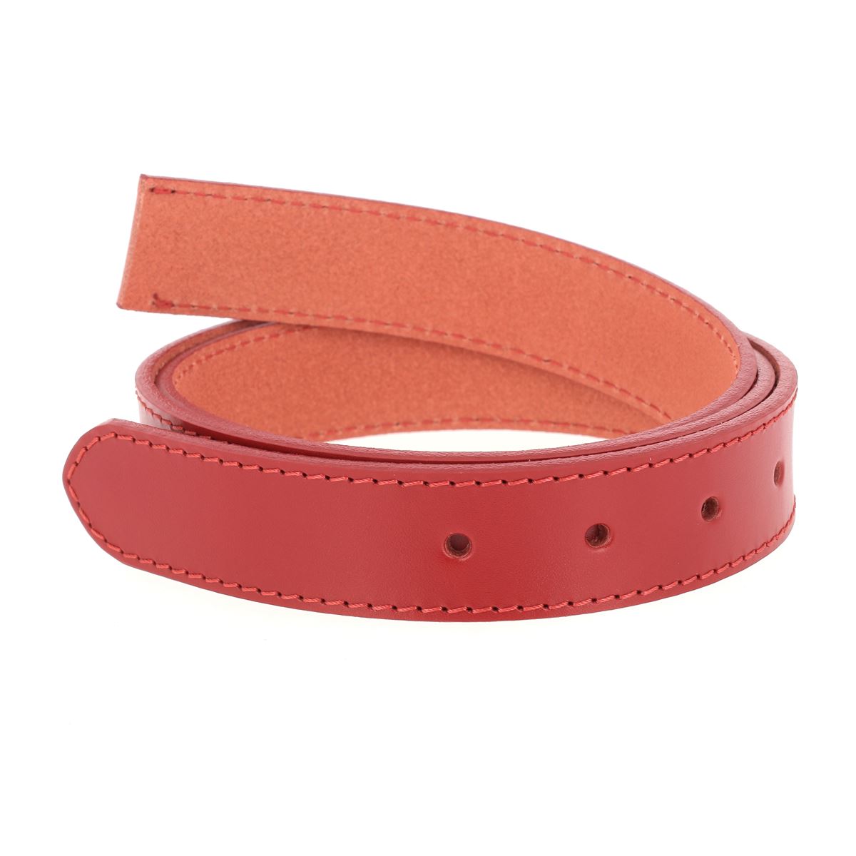 Lanières en cuir rouge vif de la ceinture cousue en cuir de croupon, tannage végétal, marque Deco Cuir.