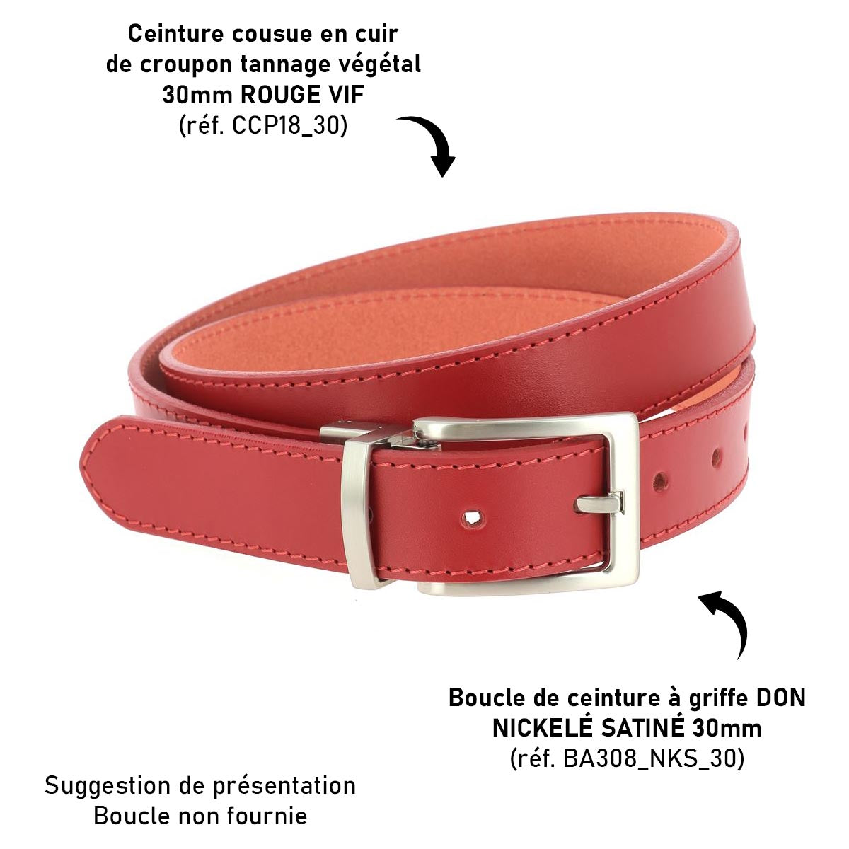 Lanières en cuir rouge vif de la ceinture cousue en cuir de croupon tannage végétal, fabriquée par Deco Cuir.