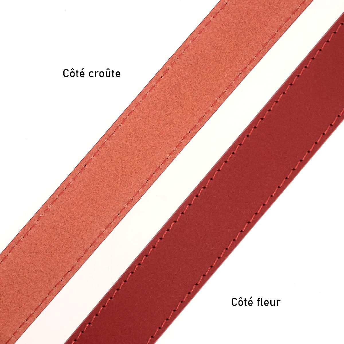 Lanières en cuir cousu de Deco Cuir, ceinture en cuir de croupon tannage végétal, couleur rouge vif, finition élégante.