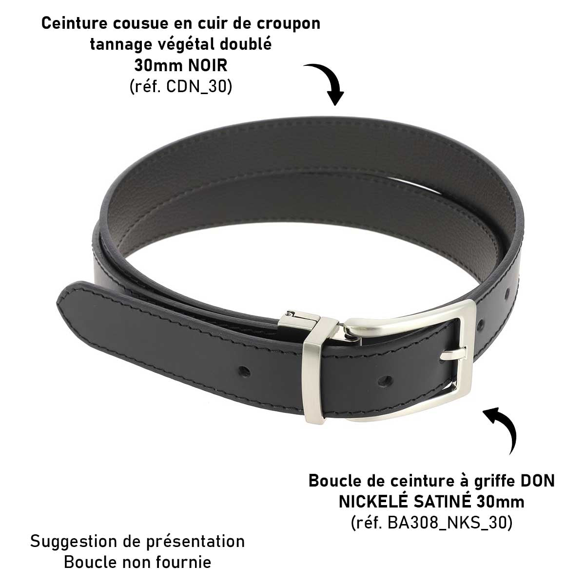 Lanières en cuir noir de la ceinture cousue Deco Cuir en cuir de croupon tannage végétal, doublée, vue en gros plan.