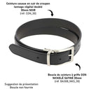 Lanières en cuir noir de la ceinture cousue Deco Cuir en cuir de croupon tannage végétal, doublée, vue en gros plan.