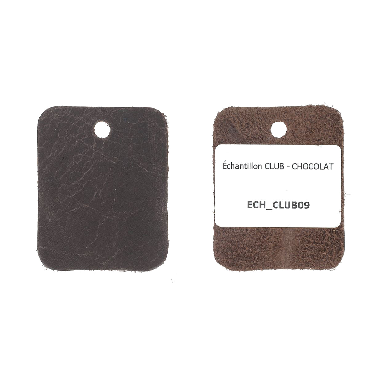 Échantillon de cuir vachette Deco Cuir, peau d'ameublement CLUB en chocolat, montrant la texture et la couleur du cuir.