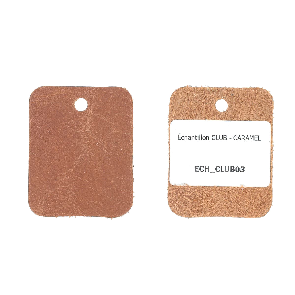 Échantillon de cuir vachette ameublement CLUB de Deco Cuir, cuir couleur caramel, texture souple et naturelle.