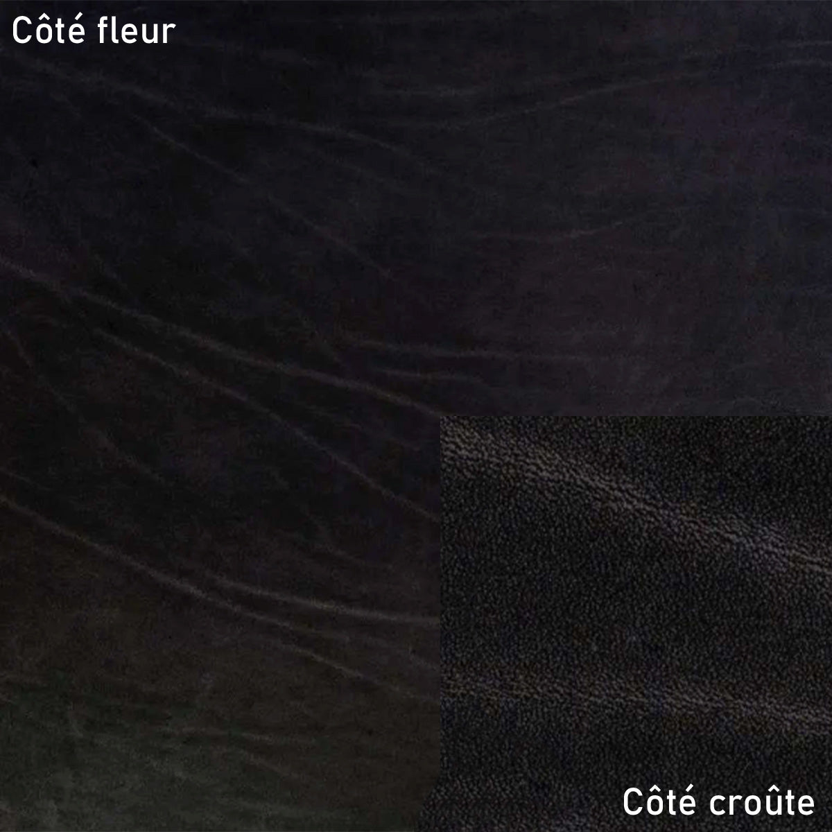 Échantillon de cuir végétal noir Niagara de Radermecker, texture lisse et finition élégante, pour projets de maroquinerie et décoration.