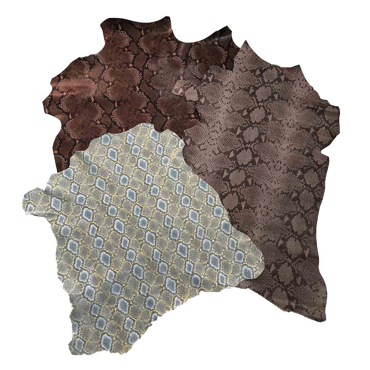 Lot de 3 peaux de cuir de chèvre imitation reptile de la marque Deco Cuir, peaux diverses pour projet créatif ou artisanat.