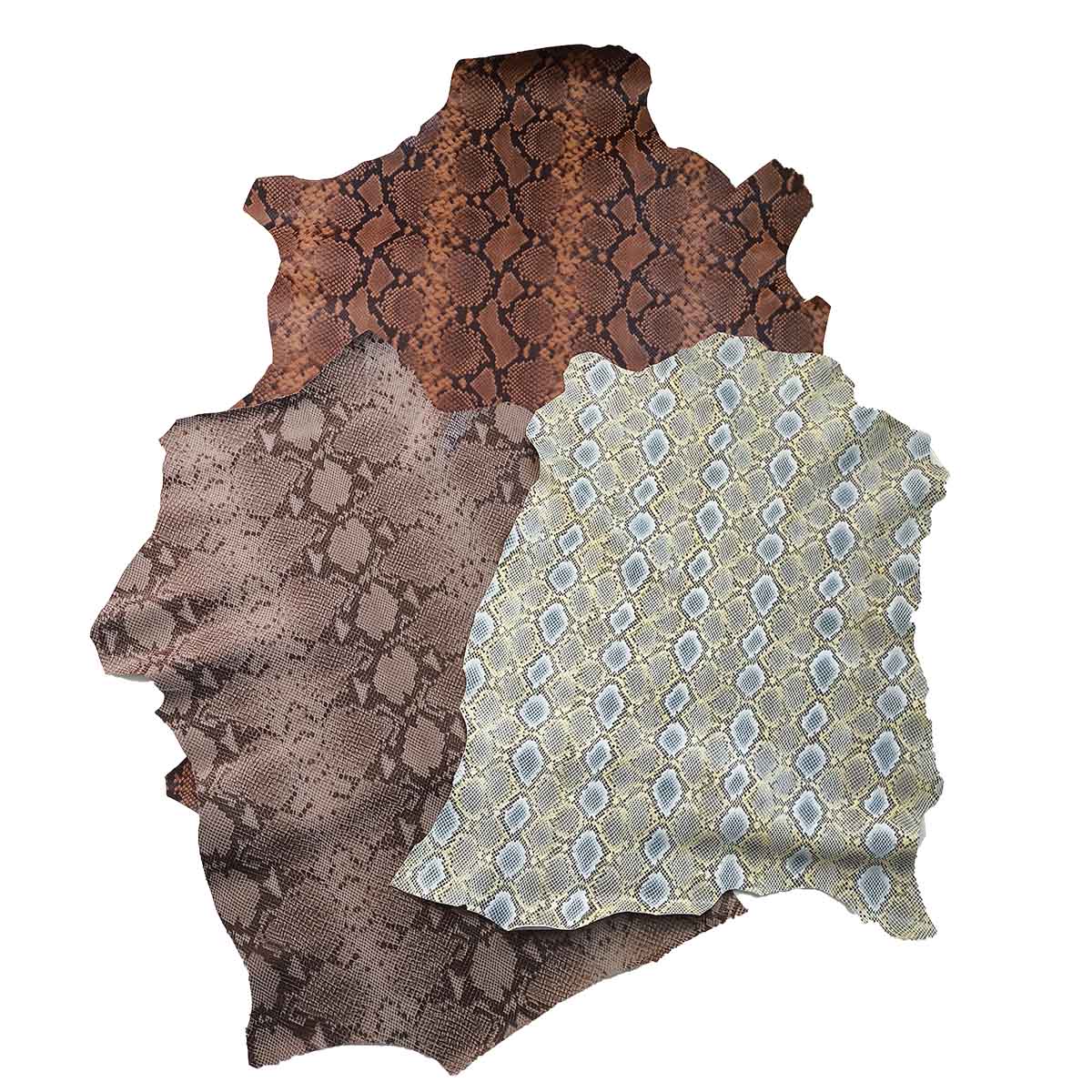 Lot de 3 peaux de cuir de chèvre imitation reptile de la marque Deco Cuir, textures variées pour projets créatifs.
