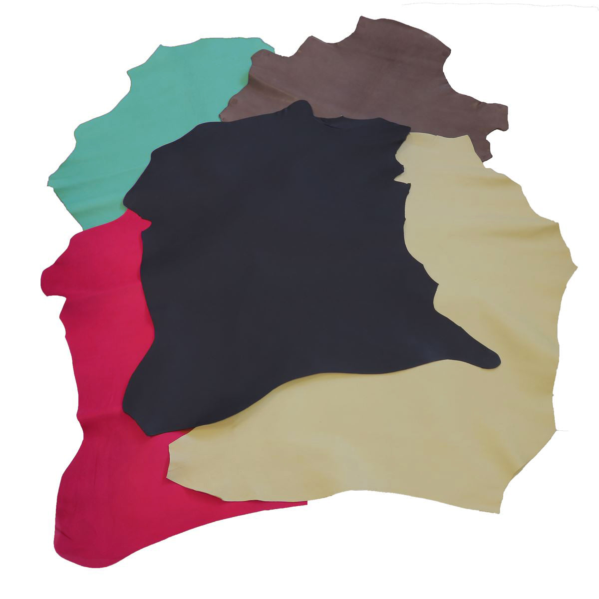 Lot de 5 peaux de cuir de chèvre pleine fleur Deco Cuir, différentes couleurs et textures visibles sur l'image.