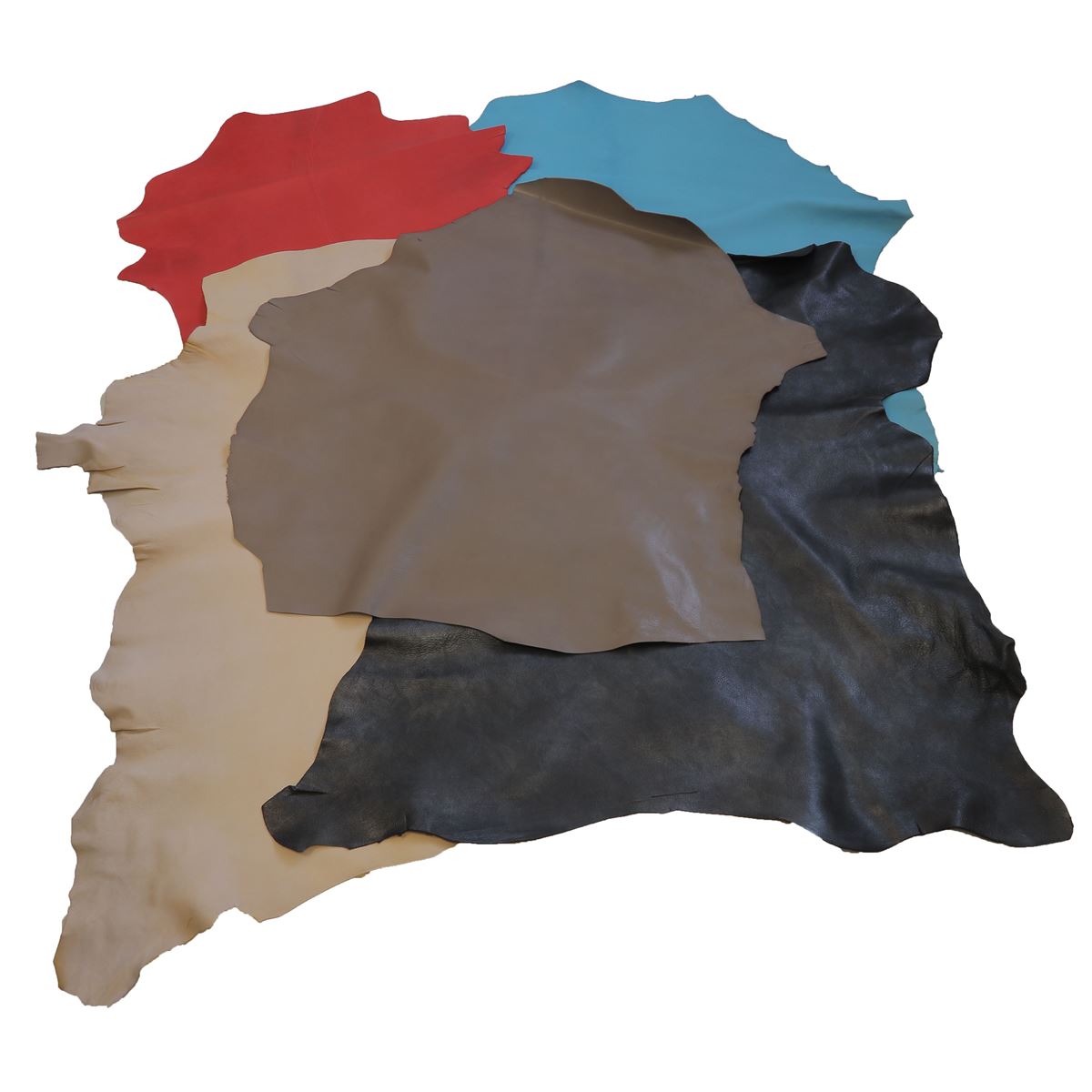 Lot de 5 peaux de cuir de chèvre pleine fleur Deco Cuir, différentes couleurs, texture naturelle et souple.