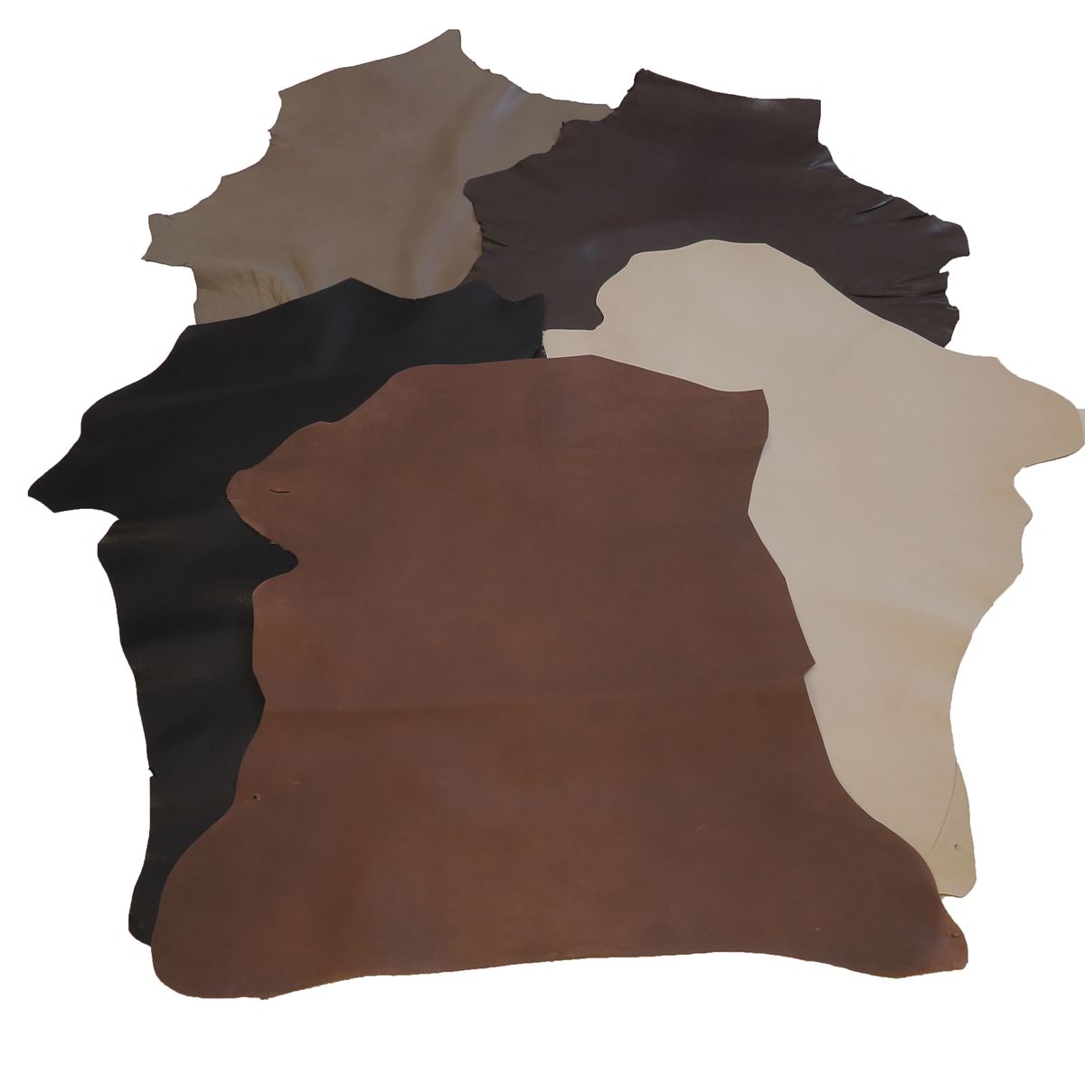 Lot de 5 peaux de cuir de chèvre pleine fleur Deco Cuir aux couleurs automne, visibles en teintes chaudes et naturelles.