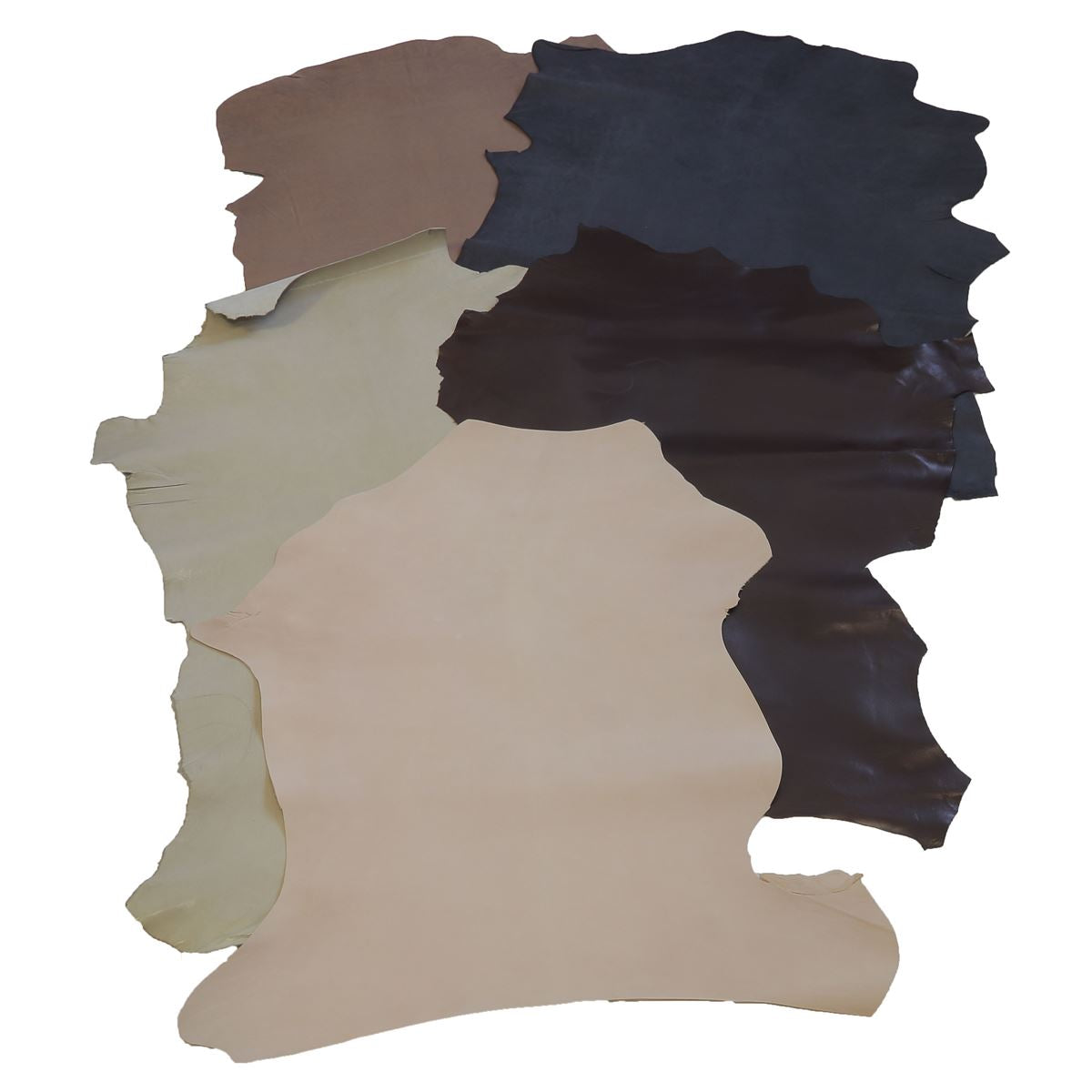 Lot de 5 peaux de cuir de chèvre pleine fleur Deco Cuir aux couleurs automne, visibles en teintes chaudes et naturelles.