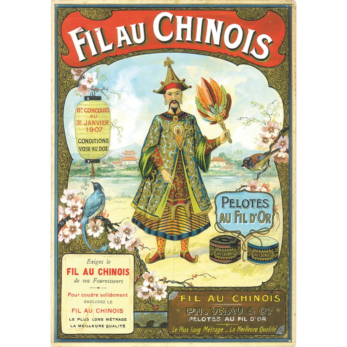 Poster vintage Fil au Chinois Modèle 3, format A3, illustrant un motif ancien, idéal pour décoration d'atelier
