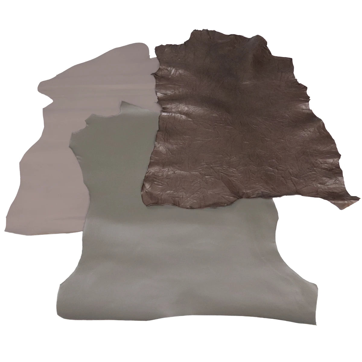 Trois peaux de cuir de chèvre pleine fleur couleurs automne de Deco Cuir, textures naturelles et variées pour création artisanale.