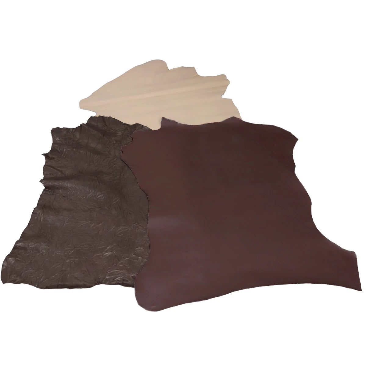 Trois peaux de cuir de chèvre pleine fleur Deco Cuir, couleurs automne, textures variées pour projets de maroquinerie ou décoration.