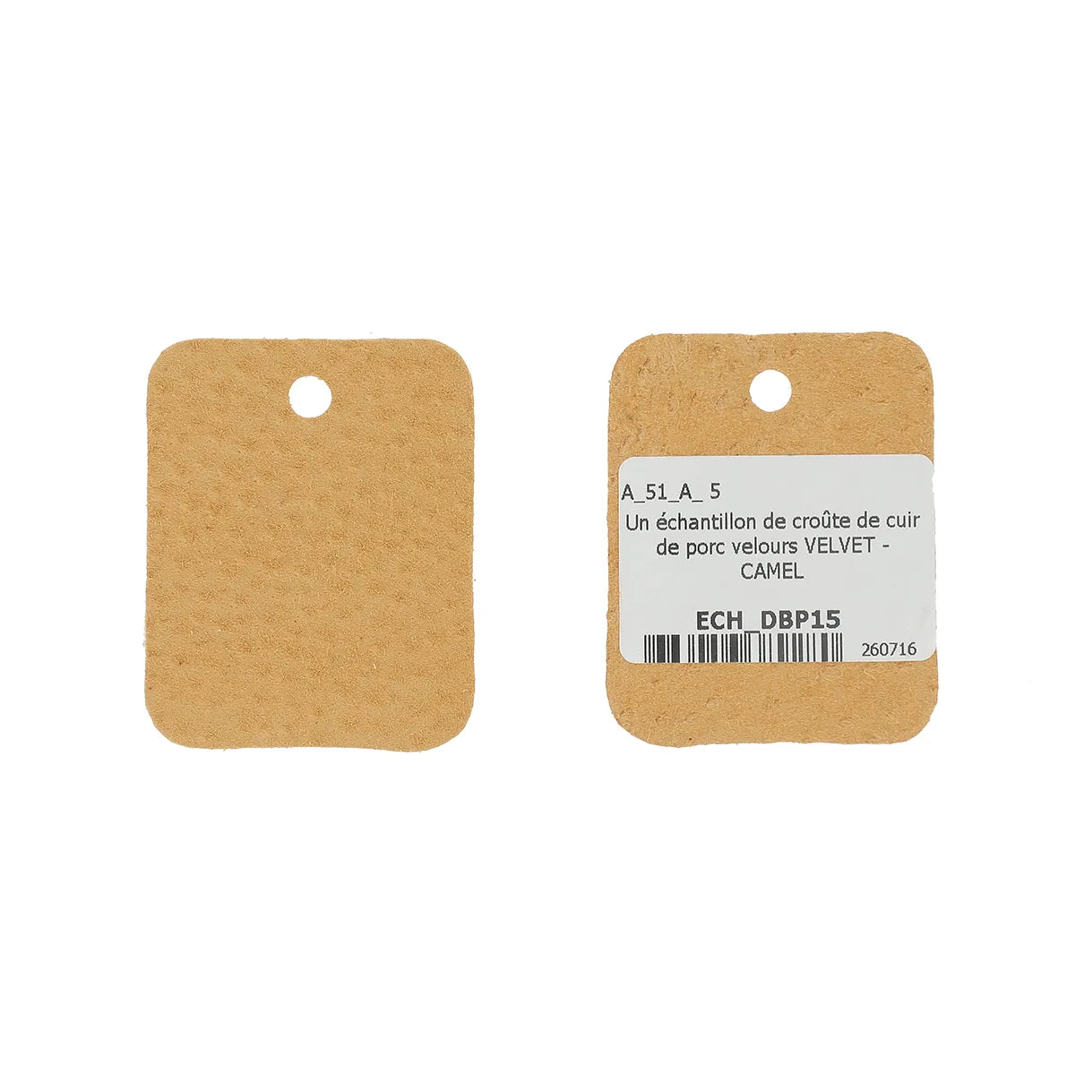 Échantillon de croûte de cuir de porc velours camel. Cuir fin et très souple idéal pour de la doublure