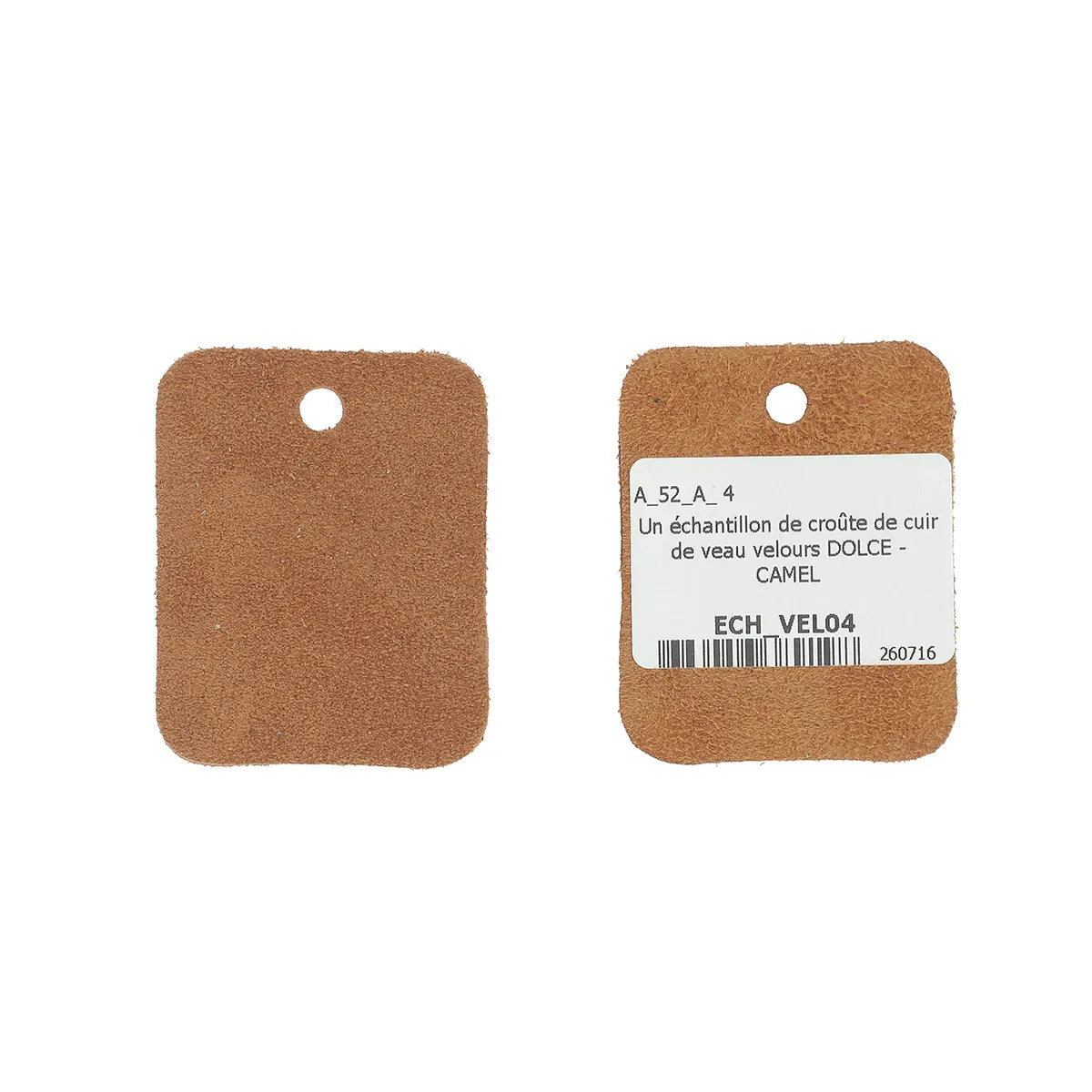 Échantillon de croûte de cuir velours camel de notre gamme Dolce. Cuir doux et souple idéal pour la fabrication de maroquinerie (sac, pochette...)