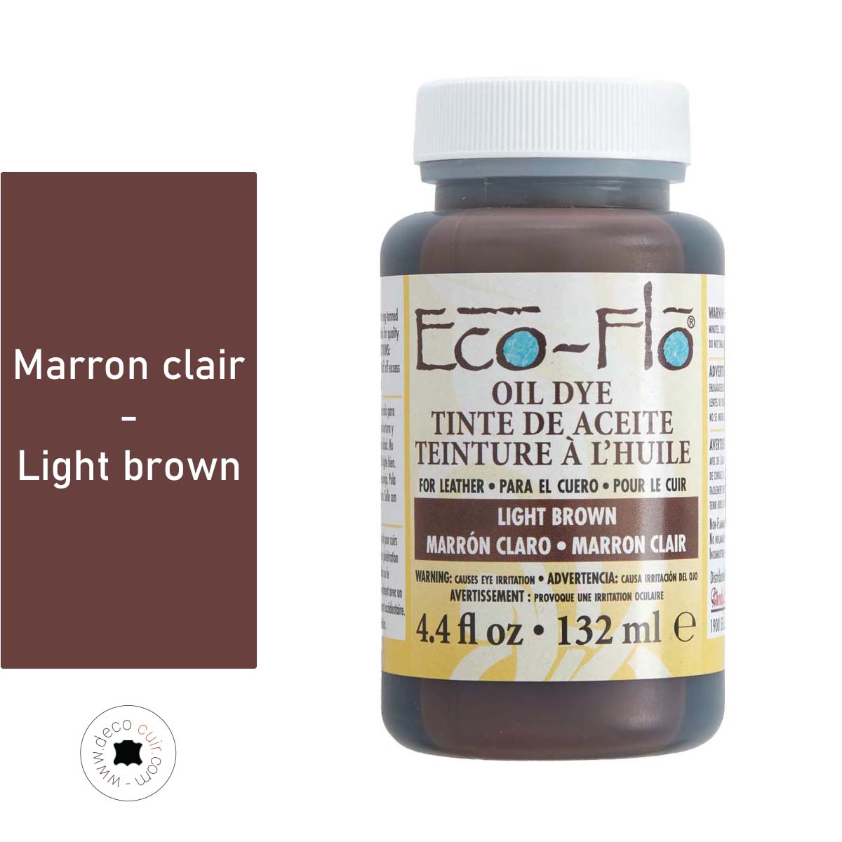 Teinture à l'huile pour cuir Eco-Flo Oil Dye de Tandy Leather, couleur marron clair, 132ml, application sur cuir.