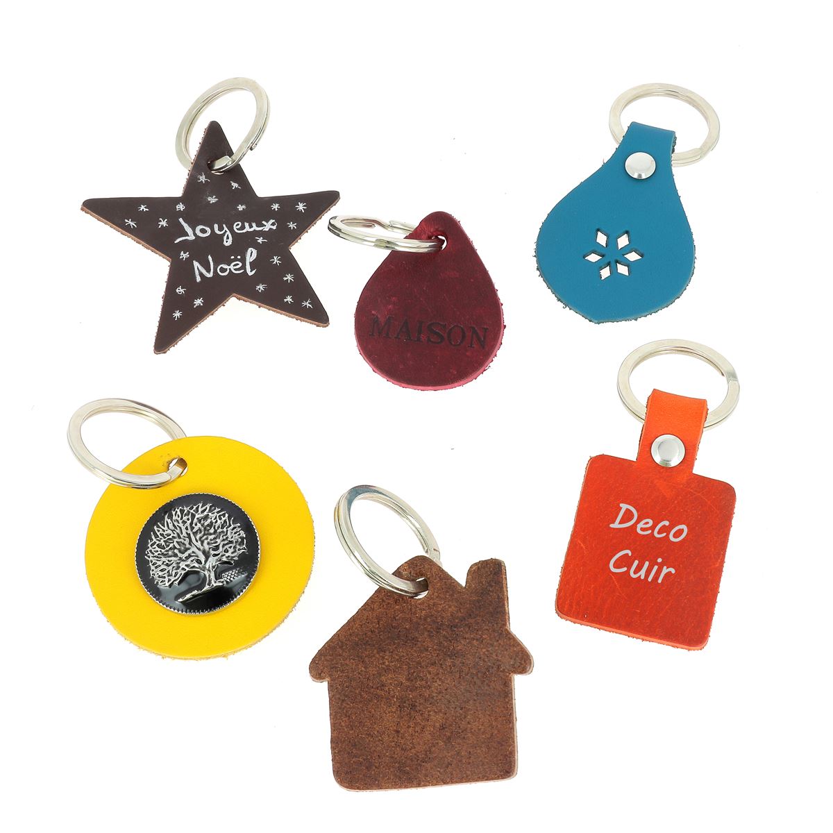 Découpes en cuir rondes de 6 cm pour porte-clés, lot de 10, marque Deco Cuir, teinté, pour création artisanale.
