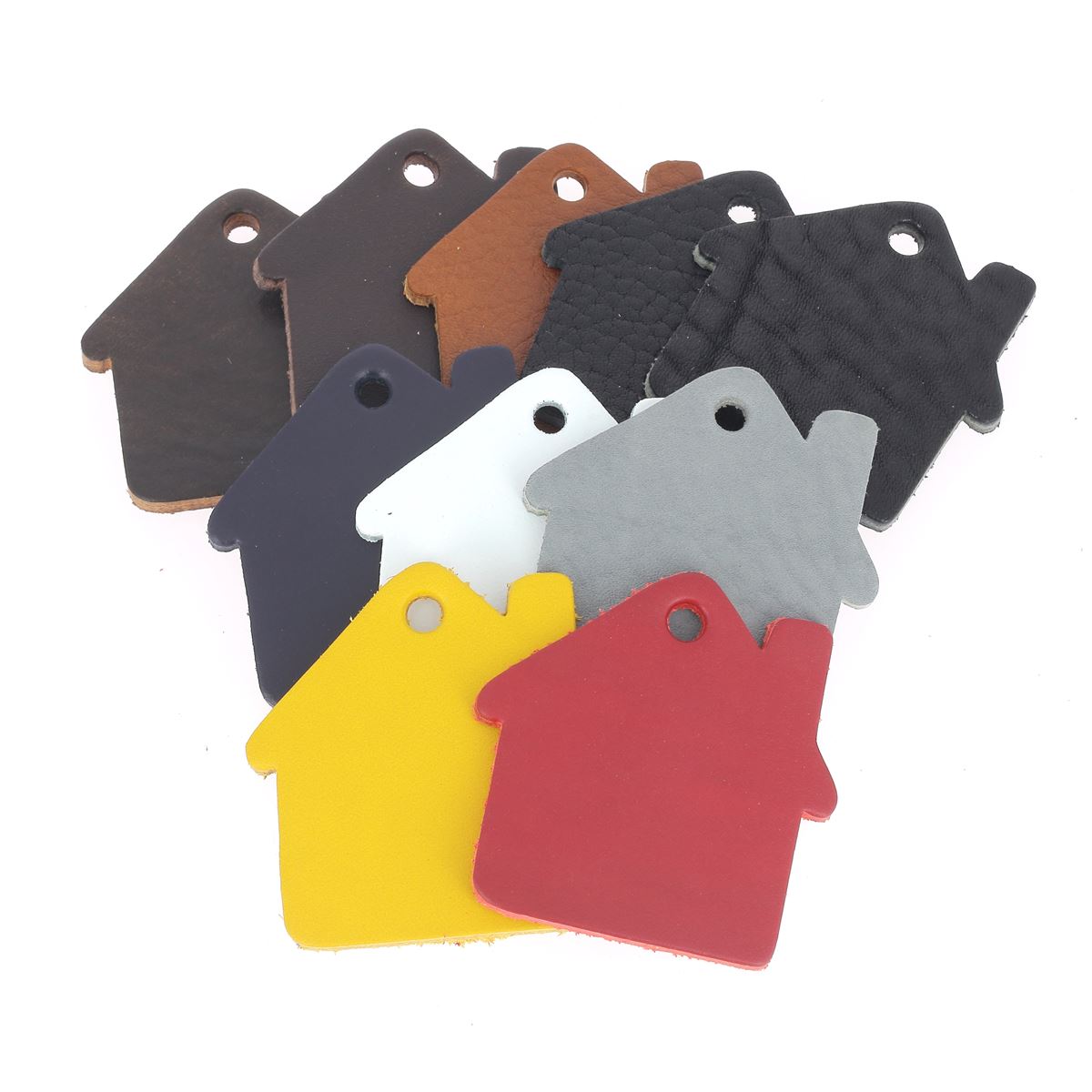 Lot de 10 découpes de grande maison en cuir teinté pour porte-clés, fabriquées par Deco Cuir, tissu végétal.