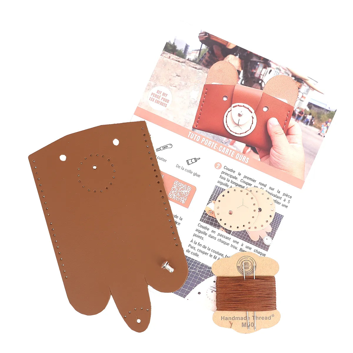 Kit DIY pour monter soi-même son porte-cartes ours en cuir marron. Idéal pour les enfants ou pour offrir