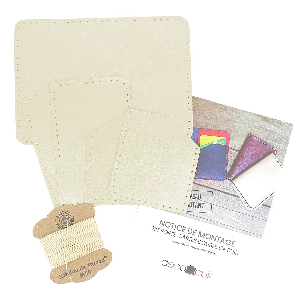 Porte-cartes double KitenCuir en cuir or clair avec fil crème, kit DIY pour création de porte-cartes personnalisé.