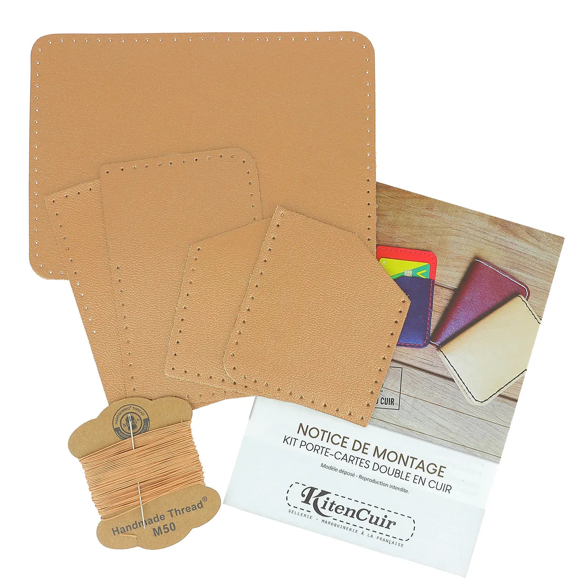 Porte-cartes double en cuir KitenCuir avec détails en cuivre rosé et fil beige, kit DIY pour créations en cuir naturel.
