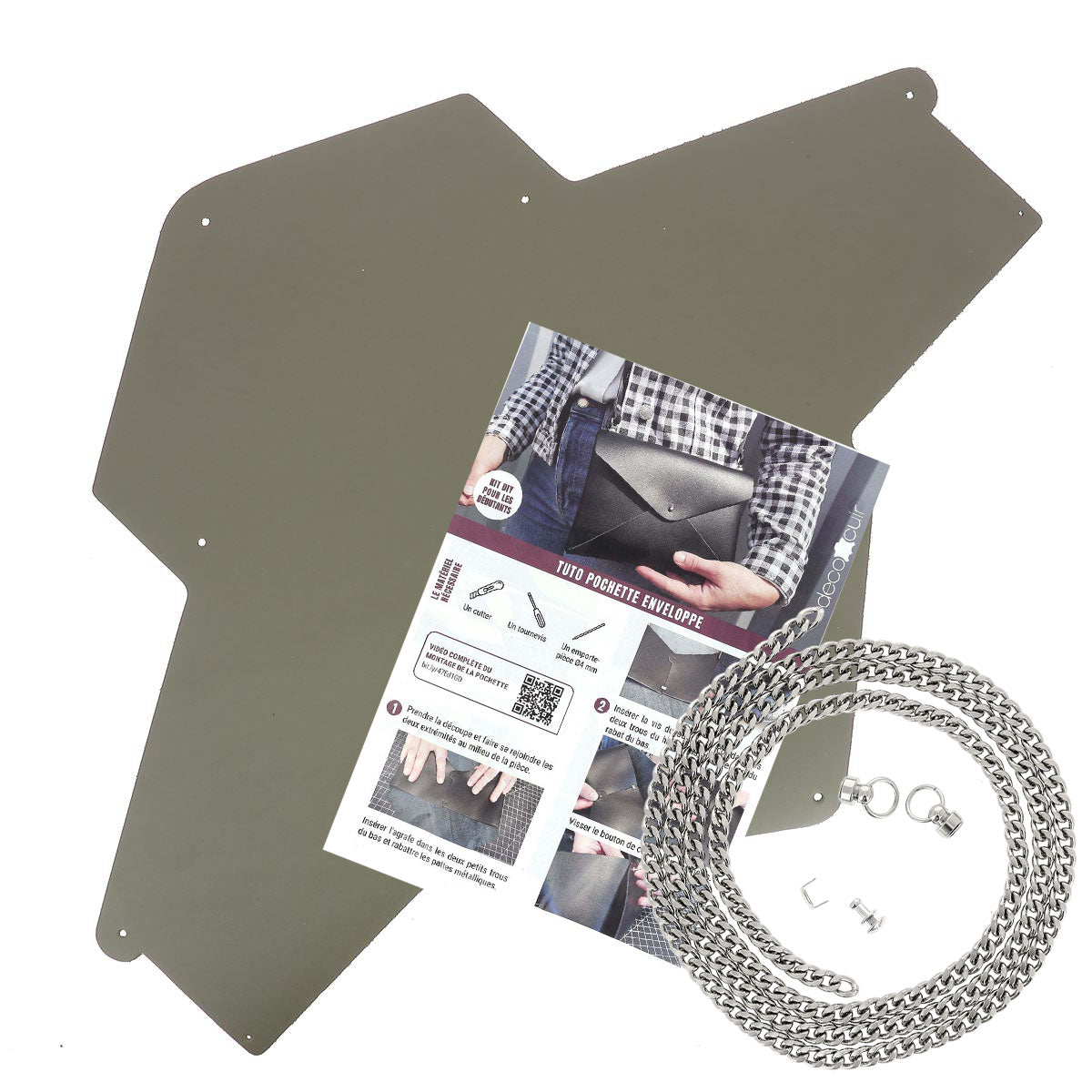 Pochette enveloppe en cuir vert kaki de la marque Deco Cuir, idéal pour créations DIY, avec surface lisse et finition élégante.
