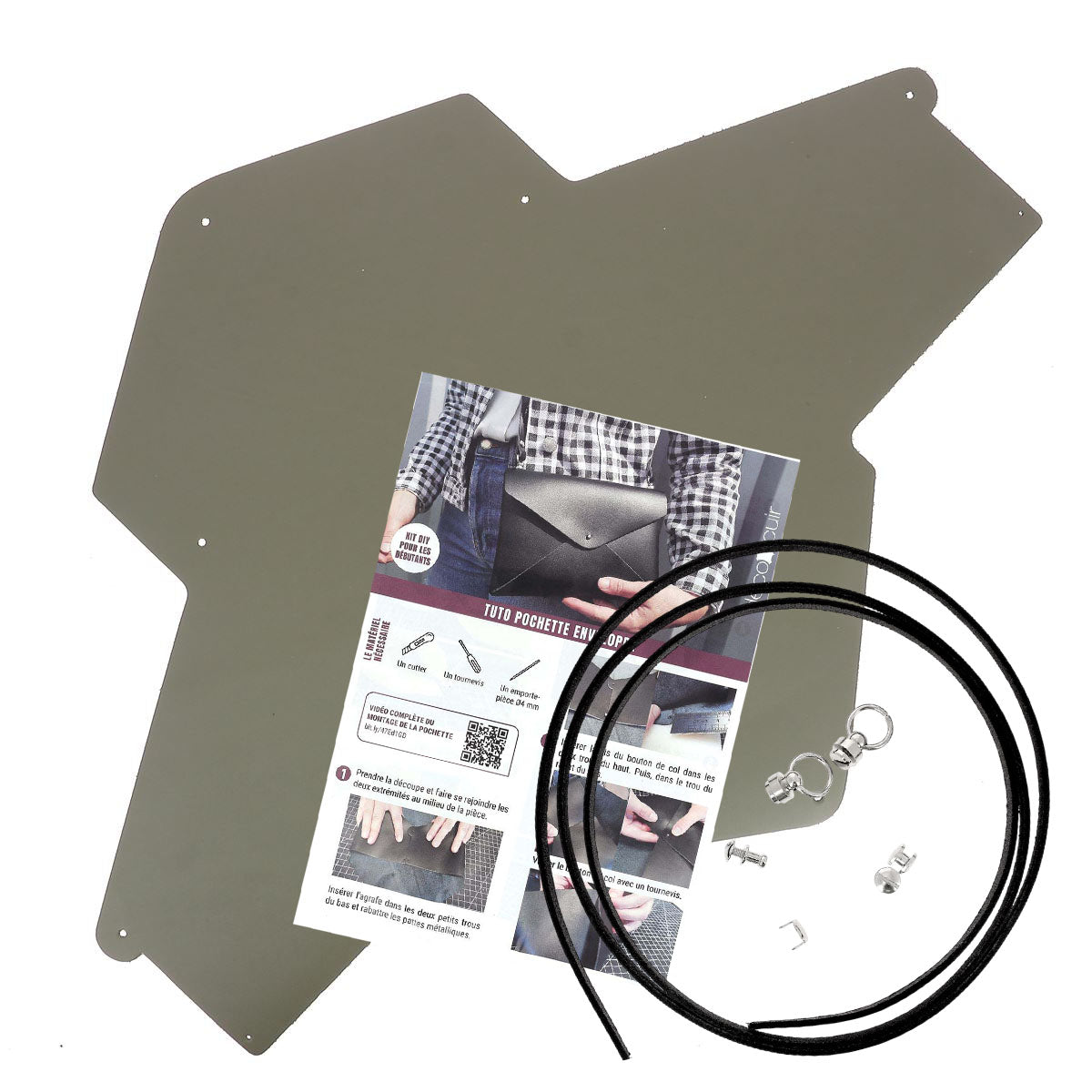 Pochette enveloppe en cuir vert kaki Deco Cuir, kit DIY pour création personnalisée, vue de face avec fermeture.