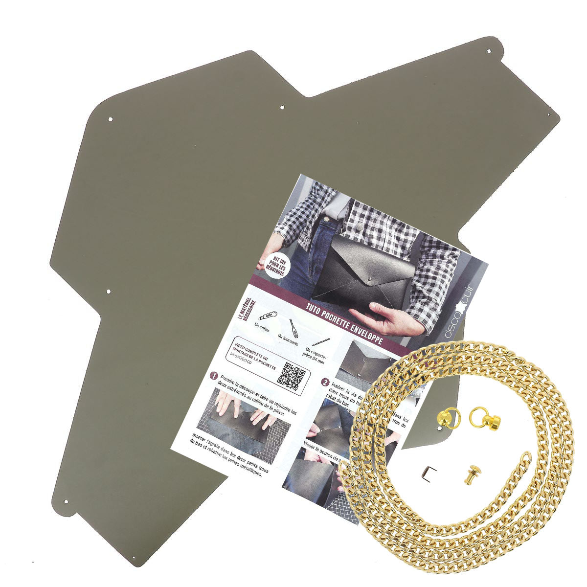 Pochette enveloppe en cuir vert kaki Deco Cuir, kit DIY pour personnalisation, vue de face avec fermeture et détails du cuir