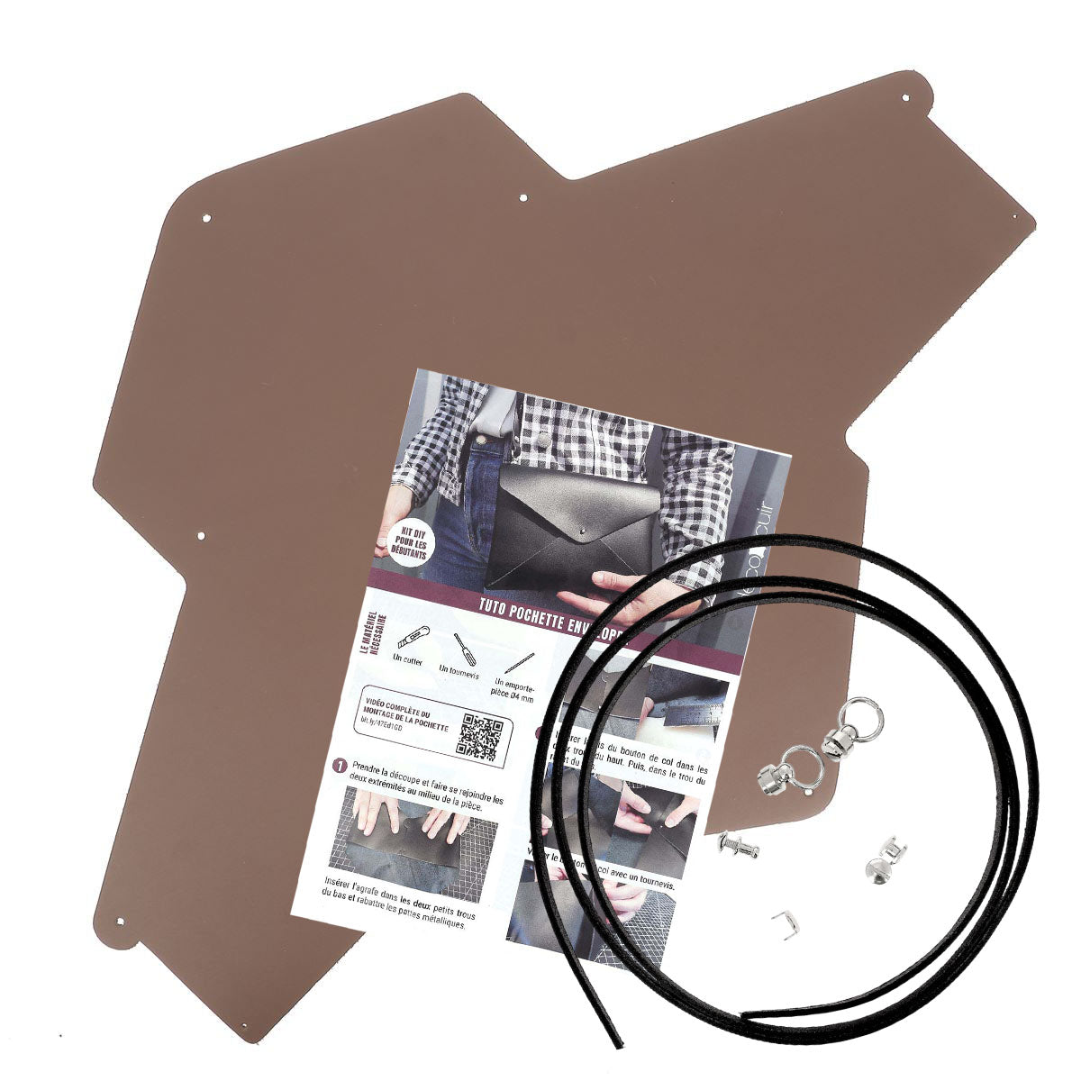 Pochette enveloppe en cuir marron Deco Cuir, kit DIY à personnaliser, visible avec fermeture et intérieur en cuir naturel