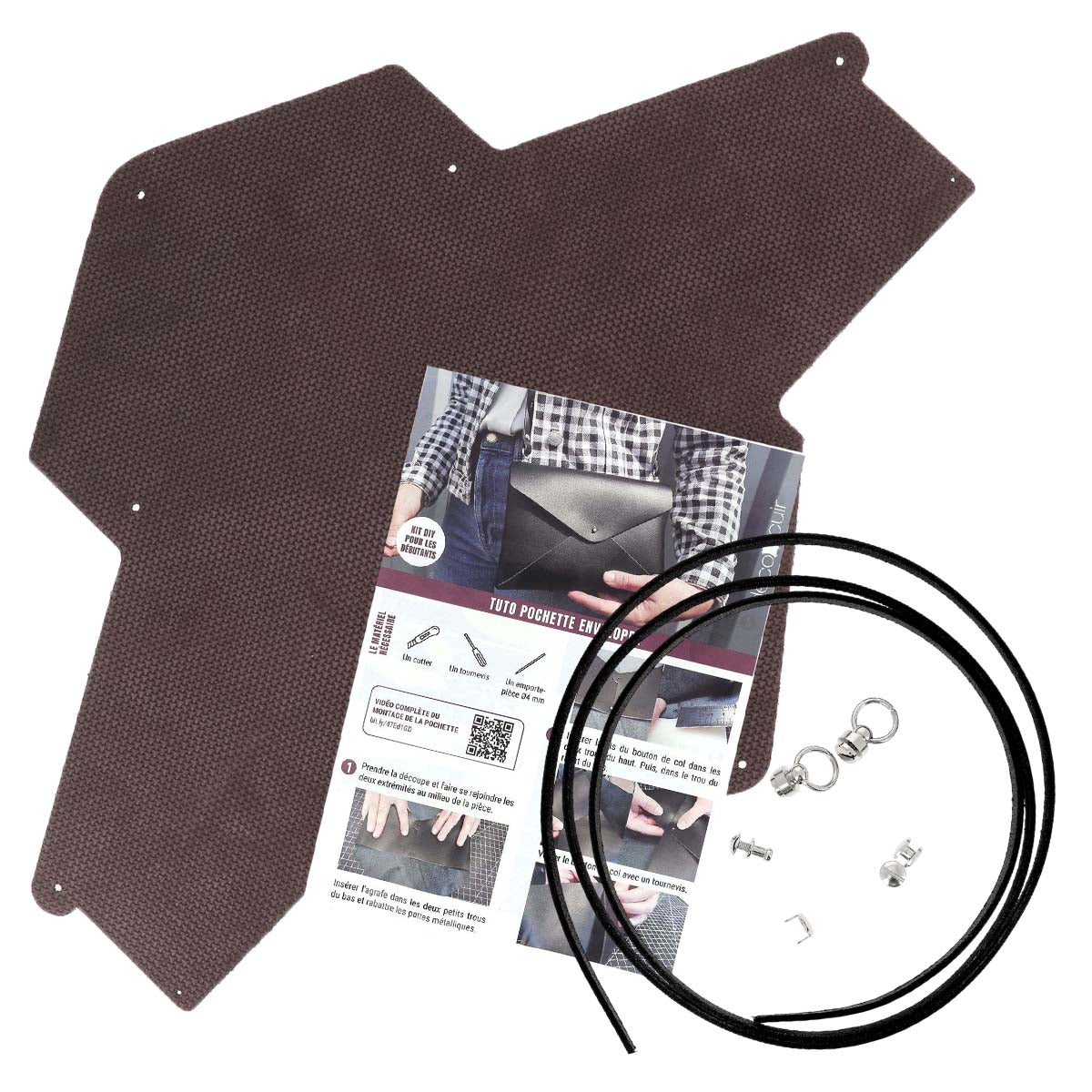 Découpe pour pochette enveloppe en croûte de cuir, kit DIY Deco Cuir, structure marron acajou avec lanière noire.