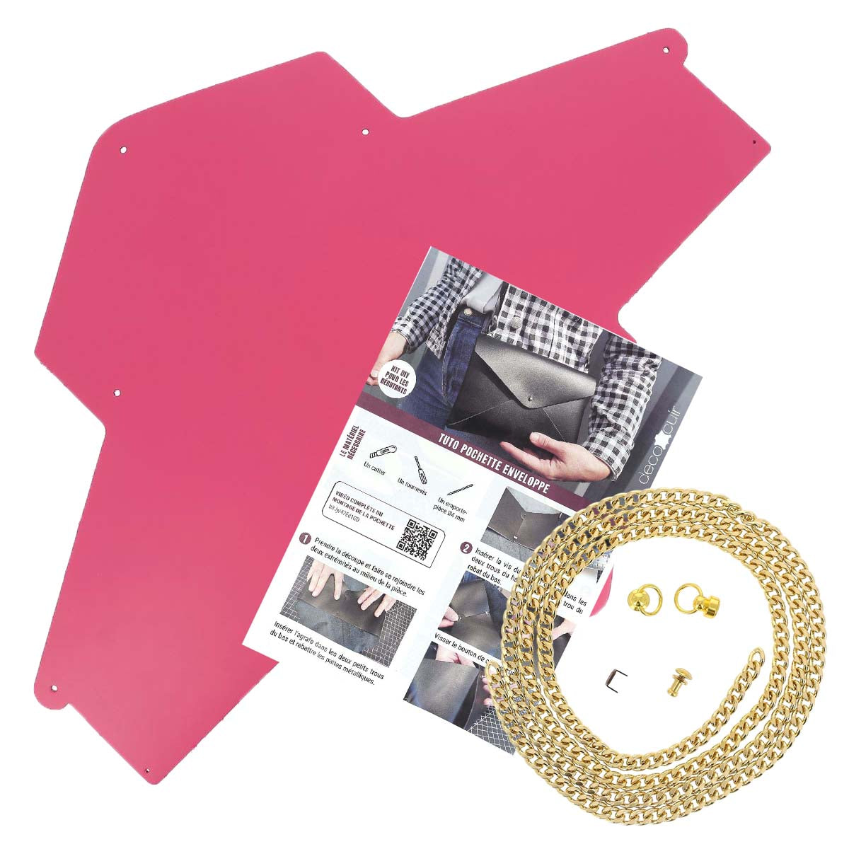 Découpe en cuir pour pochette enveloppe rose framboise, kit DIY de création par Deco Cuir, finition dorée.