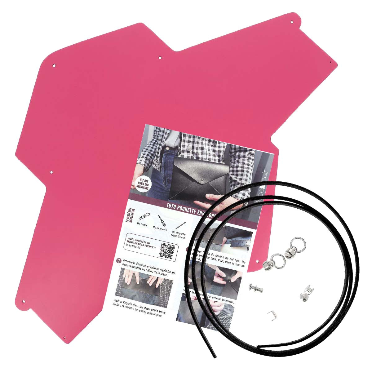 Découpe pour pochette enveloppe en cuir rose framboise avec lanière noire, kit DIY pour créations en cuir, par Deco Cuir.