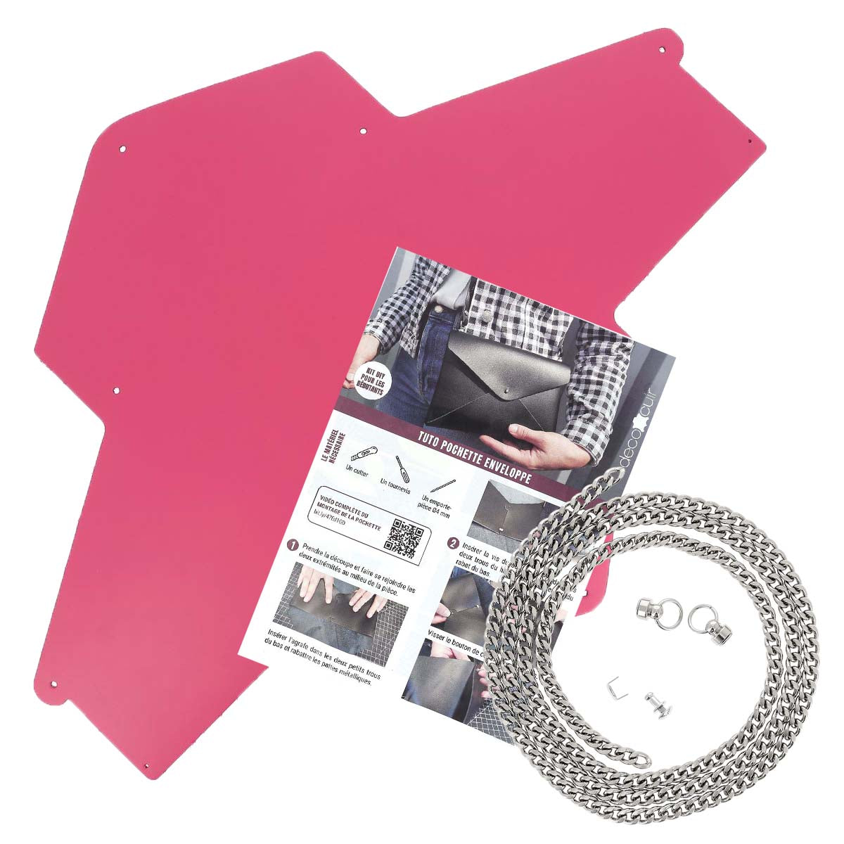 Découpe pour pochette enveloppe en cuir rose framboise de la marque Deco Cuir, pour créations DIY en kits.
