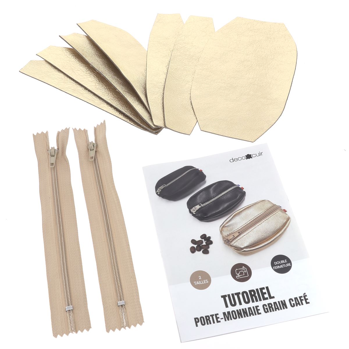 Découpes de cuir pour kit porte-monnaie Grain de café de Deco Cuir, avec détails du cuir beige et finitions soignées.