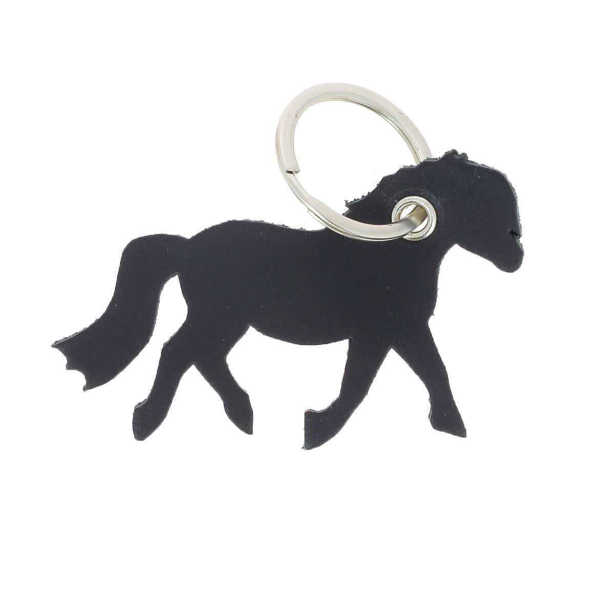 Découpe de cuir en forme de poney pour porte-clés, noire, de la marque Deco Cuir, illustration de la découpe artisanale.