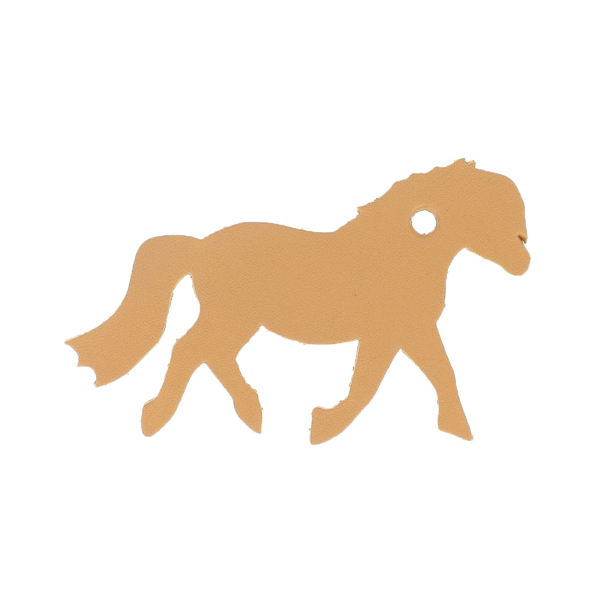 Découpe PONEY en cuir pour porte-clés, artisanale, de la marque Deco Cuir, montrant le motif en forme de poney sur cuir naturel.
