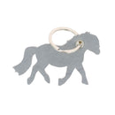 Découpe PONEY en cuir gris pour porte-clés, fabriquée par Deco Cuir, montrant la forme du poney sculptée dans la découpeur.