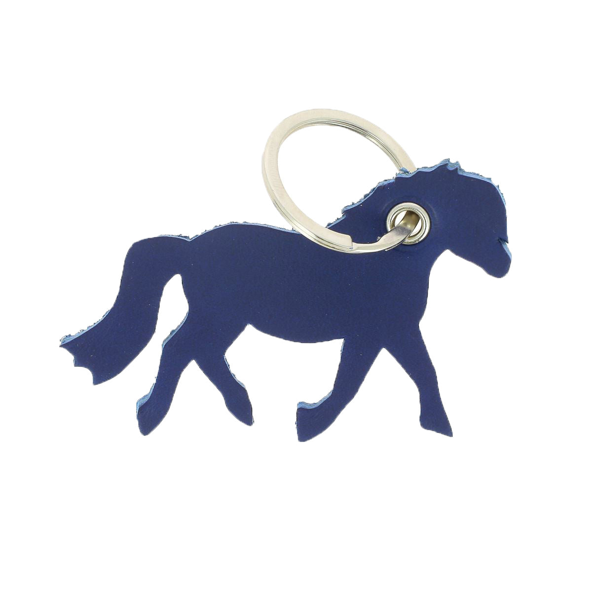 Découpe en cuir de poney pour porte-clés, fabriquée par Deco Cuir, en cuir bleu avec détails précis.