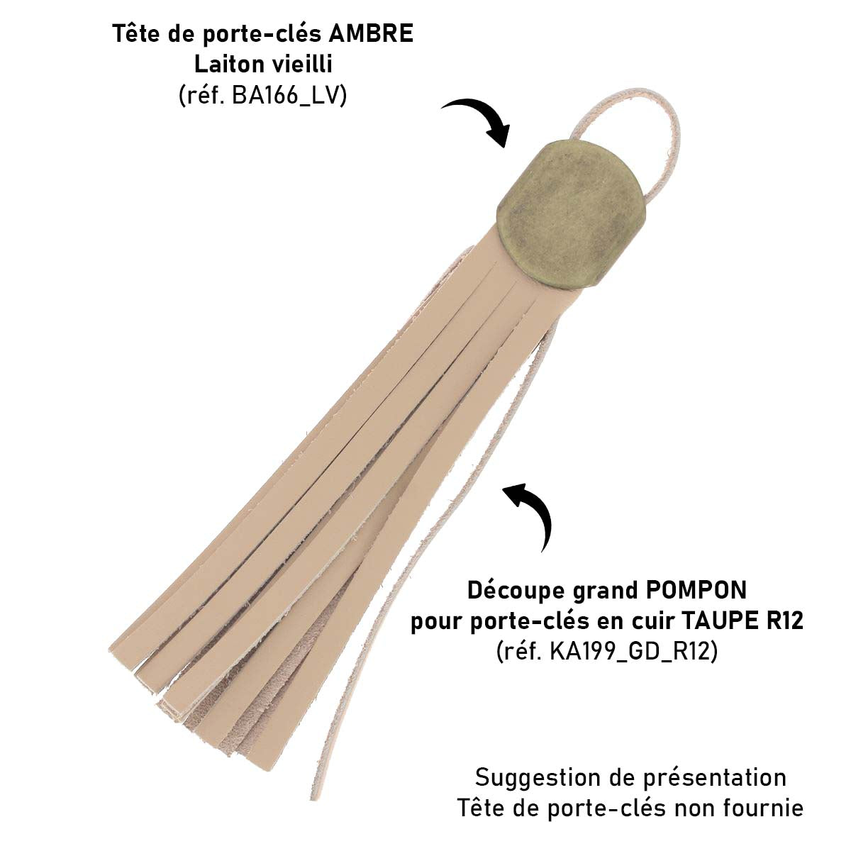 Découpe POMPON en cuir taupe pour porte-clés, modèle R12 de Deco Cuir, pièce artisanale pour accessoires en cuir.
