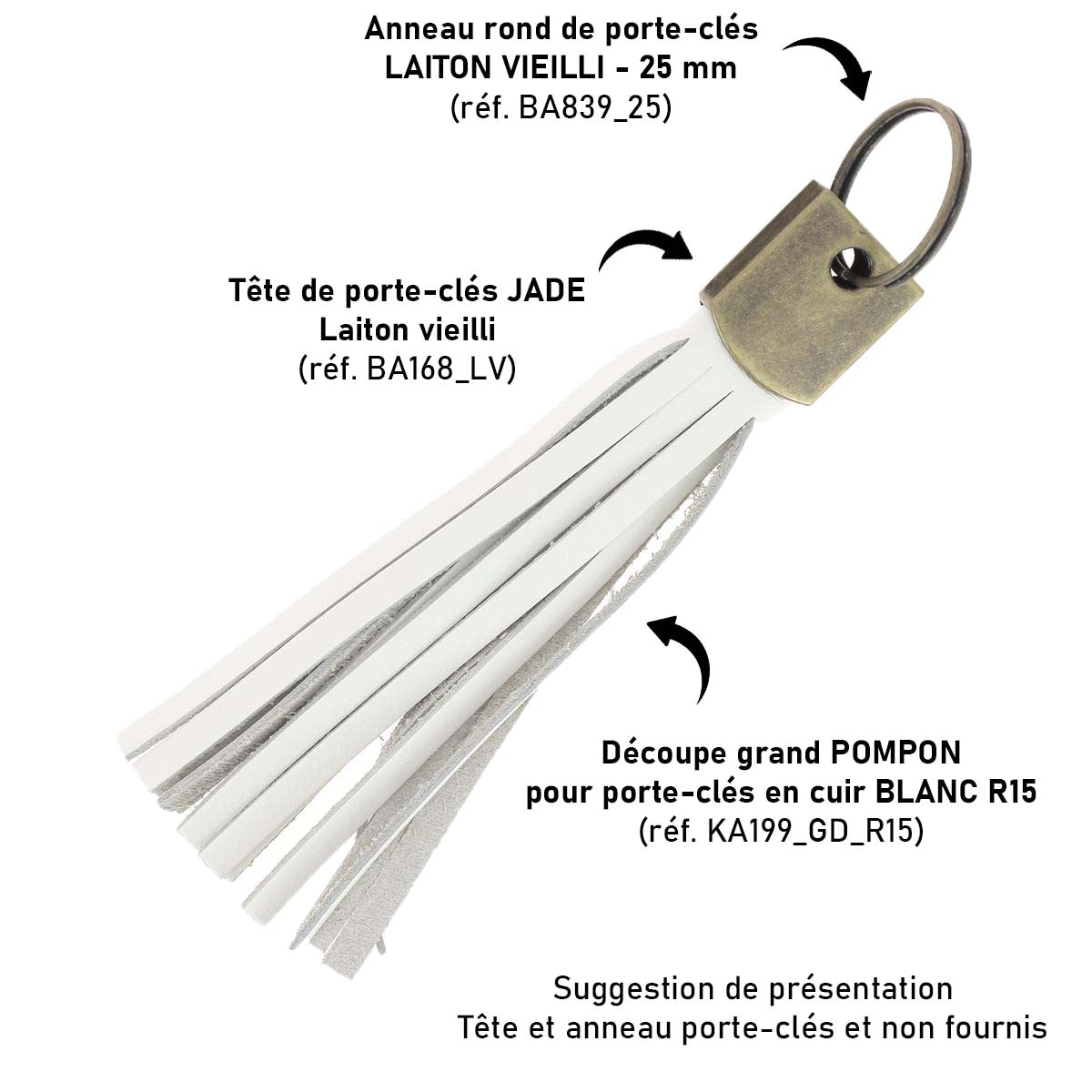 Découpe POMPON en cuir blanc pour porte-clés, fabriquée par Deco Cuir, montre la pièce en cuir blanc avec pompon.