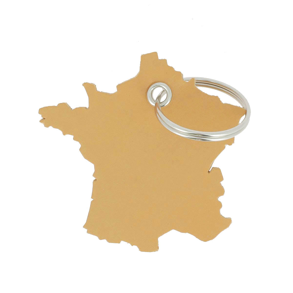 Découpe de cuir pour porte-clés en forme de carte de France, couleur miel, par Deco Cuir, finition précise et élégante.